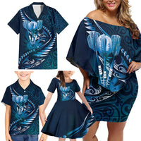 Personalised All Blue New Zealand Darts Family Matching Off Shoulder Short Dress and Hawaiian Shirt Aoteroa Fern Maori Galaxy Style