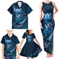 Personalised All Blue New Zealand Darts Family Matching Tank Maxi Dress and Hawaiian Shirt Aoteroa Fern Maori Galaxy Style