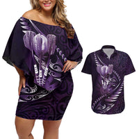 Personalised All Purple New Zealand Darts Couples Matching Off Shoulder Short Dress and Hawaiian Shirt Aoteroa Fern Maori Galaxy Style