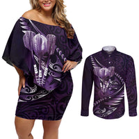 Personalised All Purple New Zealand Darts Couples Matching Off Shoulder Short Dress and Long Sleeve Button Shirt Aoteroa Fern Maori Galaxy Style