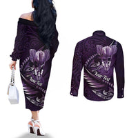 Personalised All Purple New Zealand Darts Couples Matching Off The Shoulder Long Sleeve Dress and Long Sleeve Button Shirt Aoteroa Fern Maori Galaxy Style
