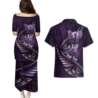 Personalised All Purple New Zealand Darts Couples Matching Puletasi and Hawaiian Shirt Aoteroa Fern Maori Galaxy Style