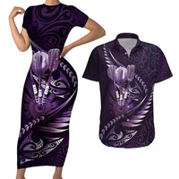 Personalised All Purple New Zealand Darts Couples Matching Short Sleeve Bodycon Dress and Hawaiian Shirt Aoteroa Fern Maori Galaxy Style