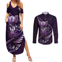 Personalised All Purple New Zealand Darts Couples Matching Summer Maxi Dress and Long Sleeve Button Shirt Aoteroa Fern Maori Galaxy Style
