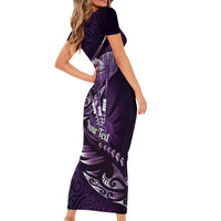 Personalised All Purple New Zealand Darts Family Matching Short Sleeve Bodycon Dress and Hawaiian Shirt Aoteroa Fern Maori Galaxy Style
