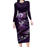 Personalised All Purple New Zealand Darts Long Sleeve Bodycon Dress Aoteroa Fern Maori Galaxy Style