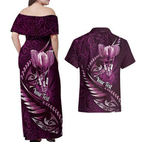 Personalised All Pink New Zealand Darts Couples Matching Off Shoulder Maxi Dress and Hawaiian Shirt Aoteroa Fern Maori Galaxy Style
