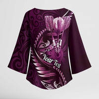 Personalised All Pink New Zealand Darts Kimono Sleeve Blouse Aoteroa Fern Maori Galaxy Style - Polynesian Pride