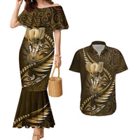 Personalised All Gold New Zealand Darts Couples Matching Mermaid Dress and Hawaiian Shirt Aoteroa Fern Maori Galaxy Style