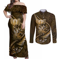 Personalised All Gold New Zealand Darts Couples Matching Off Shoulder Maxi Dress and Long Sleeve Button Shirt Aoteroa Fern Maori Galaxy Style