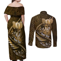 Personalised All Gold New Zealand Darts Couples Matching Off Shoulder Maxi Dress and Long Sleeve Button Shirt Aoteroa Fern Maori Galaxy Style