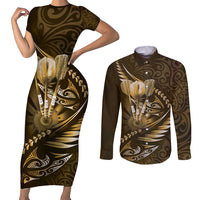 Personalised All Gold New Zealand Darts Couples Matching Short Sleeve Bodycon Dress and Long Sleeve Button Shirt Aoteroa Fern Maori Galaxy Style
