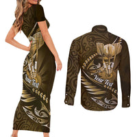 Personalised All Gold New Zealand Darts Couples Matching Short Sleeve Bodycon Dress and Long Sleeve Button Shirt Aoteroa Fern Maori Galaxy Style