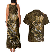 Personalised All Gold New Zealand Darts Couples Matching Tank Maxi Dress and Hawaiian Shirt Aoteroa Fern Maori Galaxy Style