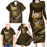 Personalised All Gold New Zealand Darts Family Matching Long Sleeve Bodycon Dress and Hawaiian Shirt Aoteroa Fern Maori Galaxy Style