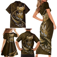 Personalised All Gold New Zealand Darts Family Matching Short Sleeve Bodycon Dress and Hawaiian Shirt Aoteroa Fern Maori Galaxy Style