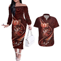 Personalised All Red New Zealand Darts Couples Matching Off The Shoulder Long Sleeve Dress and Hawaiian Shirt Aoteroa Fern Maori Galaxy Style