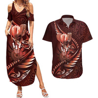 Personalised All Red New Zealand Darts Couples Matching Summer Maxi Dress and Hawaiian Shirt Aoteroa Fern Maori Galaxy Style