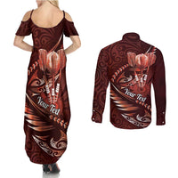 Personalised All Red New Zealand Darts Couples Matching Summer Maxi Dress and Long Sleeve Button Shirt Aoteroa Fern Maori Galaxy Style