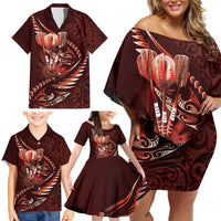 Personalised All Red New Zealand Darts Family Matching Off Shoulder Short Dress and Hawaiian Shirt Aoteroa Fern Maori Galaxy Style