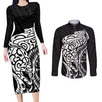 New Zealand Eel Couples Matching Long Sleeve Bodycon Dress and Long Sleeve Button Shirt Tuna Aotearoa Maori Patten - Black