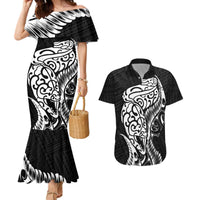 New Zealand Eel Couples Matching Mermaid Dress and Hawaiian Shirt Tuna Aotearoa Maori Patten - Black