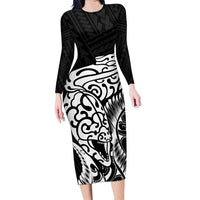 New Zealand Eel Family Matching Long Sleeve Bodycon Dress and Hawaiian Shirt Tuna Aotearoa Maori Patten - Black