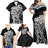 New Zealand Eel Family Matching Off Shoulder Maxi Dress and Hawaiian Shirt Tuna Aotearoa Maori Patten - Black
