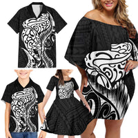 New Zealand Eel Family Matching Off Shoulder Short Dress and Hawaiian Shirt Tuna Aotearoa Maori Patten - Black