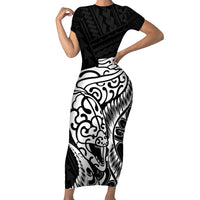 New Zealand Eel Short Sleeve Bodycon Dress Tuna Aotearoa Maori Patten - Black LT14 Long Dress Black - Polynesian Pride