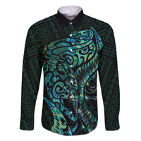 New Zealand Eel Family Matching Off The Shoulder Long Sleeve Dress and Hawaiian Shirt Tuna Aotearoa Maori With Paua Shell - Turquoise