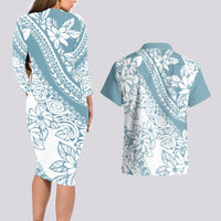 Polynesia Couples Matching Long Sleeve Bodycon Dress and Hawaiian Shirt Polynesian Tropical Flowers Blue Pastel Vibes LT14 - Polynesian Pride