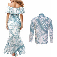 polynesia-couples-matching-mermaid-dress-and-long-sleeve-button-shirts-polynesian-tropical-flowers-blue-pastel-vibes