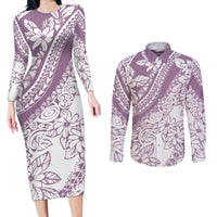 Polynesia Couples Matching Long Sleeve Bodycon Dress and Long Sleeve Button Shirts Polynesian Tropical Flowers Purple Pastel Vibes LT14 Purple - Polynesian Pride