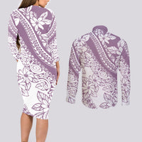 Polynesia Couples Matching Long Sleeve Bodycon Dress and Long Sleeve Button Shirts Polynesian Tropical Flowers Purple Pastel Vibes LT14 - Polynesian Pride