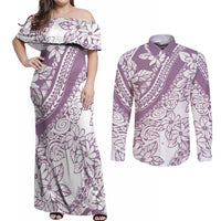 polynesia-couples-matching-off-shoulder-maxi-dress-and-long-sleeve-button-shirts-polynesian-tropical-flowers-purple-pastel-vibes