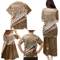 Beige Bula Fiji Family Matching Puletasi and Hawaiian Shirt Fijian Language Week Tapa Cloth - Pastel