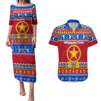 Custom Philippines Christmas Couples Matching Puletasi Dress and Hawaiian Shirt Filipino Parol Maligayang Pasko LT14 Blue - Polynesian Pride