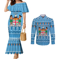 Custom Fiji Christmas Couples Matching Mermaid Dress and Long Sleeve Button Shirt Fijian Tapa Marau na Kerisimasi LT14 Blue - Polynesian Pride