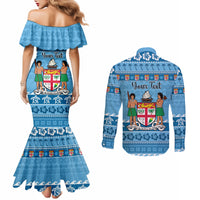 Custom Fiji Christmas Couples Matching Mermaid Dress and Long Sleeve Button Shirt Fijian Tapa Marau na Kerisimasi LT14 - Polynesian Pride