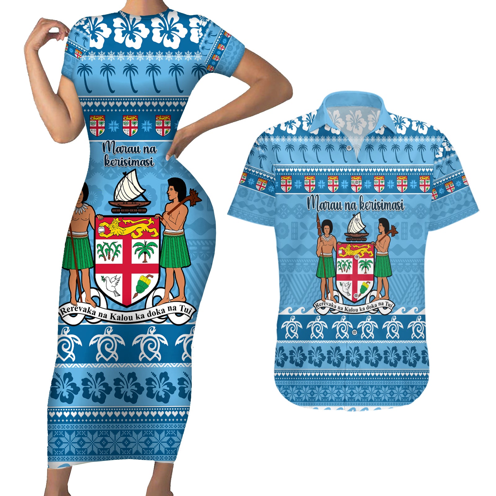 Custom Fiji Christmas Couples Matching Short Sleeve Bodycon Dress and Hawaiian Shirt Fijian Tapa Marau na Kerisimasi LT14 Blue - Polynesian Pride