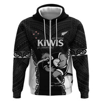 Aotearoa Rugby Custom Zip Hoodie Maori Kiwi - Mascot Style LT14 Zip Hoodie Black - Polynesian Pride