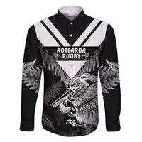 Aotearoa Silver Fern Rugby Custom Family Matching Off Shoulder Short Dress and Hawaiian Shirt 2024 Go Kiwi LT14 Dad's Shirt - Long Sleeve Black - Polynesian Pride