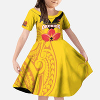 Orchids PNG Rugby Custom Family Matching Short Sleeve Bodycon Dress and Hawaiian Shirt Go Champions Papua New Guinea LT14 Daughter's Dress Yellow - Polynesian Pride