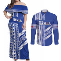 Fetu Samoa Rugby Custom Couples Matching Off Shoulder Maxi Dress and Long Sleeve Button Shirt Siapo Pattern - Sporty Style LT14 Blue - Polynesian Pride