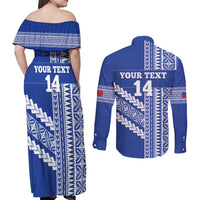 Fetu Samoa Rugby Custom Couples Matching Off Shoulder Maxi Dress and Long Sleeve Button Shirt Siapo Pattern - Sporty Style LT14 - Polynesian Pride