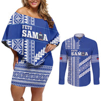 Fetu Samoa Rugby Custom Couples Matching Off Shoulder Short Dress and Long Sleeve Button Shirt Siapo Pattern - Sporty Style LT14 Blue - Polynesian Pride