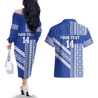 Fetu Samoa Rugby Custom Couples Matching Off The Shoulder Long Sleeve Dress and Hawaiian Shirt Siapo Pattern - Sporty Style LT14 - Polynesian Pride