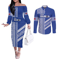 Fetu Samoa Rugby Custom Couples Matching Off The Shoulder Long Sleeve Dress and Long Sleeve Button Shirt Siapo Pattern - Sporty Style LT14 Blue - Polynesian Pride