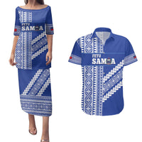 Fetu Samoa Rugby Custom Couples Matching Puletasi and Hawaiian Shirt Siapo Pattern - Sporty Style LT14 Blue - Polynesian Pride